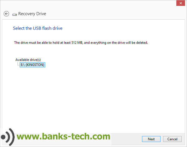 How To Create A Windows 8.1 Recovery Drive - Select The USB Flash Drive