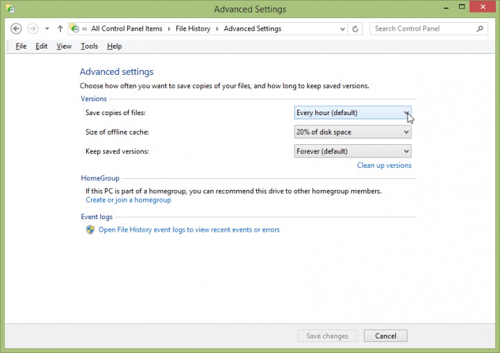 Screenshot - Windows 8.1 - File History -> Advanced Settings