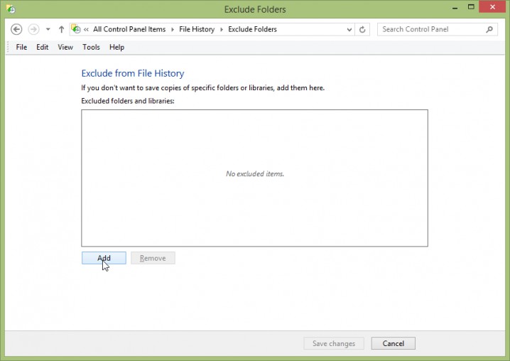 Screenshot - Windows 8.1 - File History -> Exclude Folders